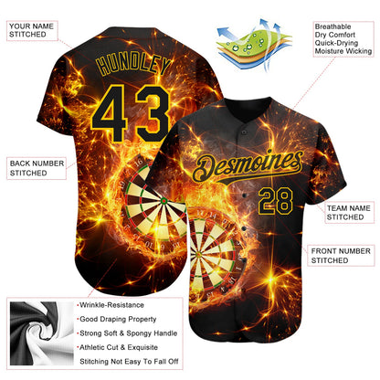 Custom Black Gold 3D Pattern Design Flame Dart Board Authentic Baseball Jersey - Sky-Custom