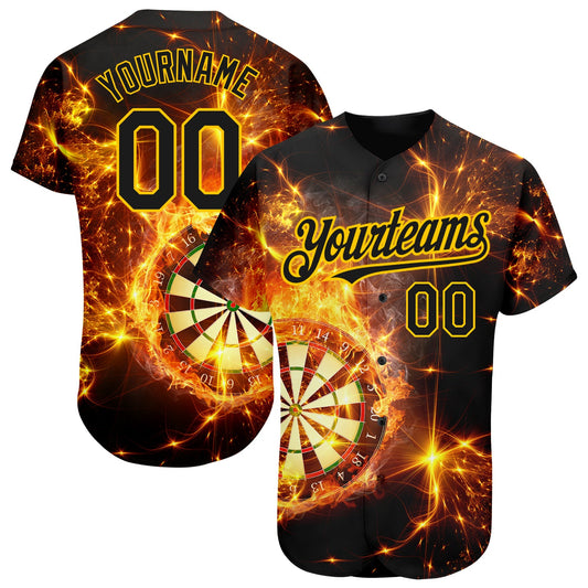 Custom Black Gold 3D Pattern Design Flame Dart Board Authentic Baseball Jersey - Sky-Custom