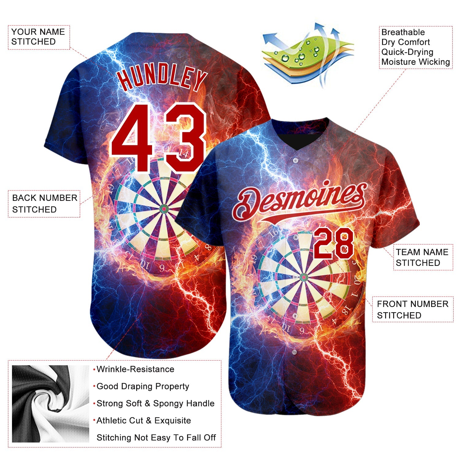 Custom Black Red-White 3D Pattern Design Lightning Flame Dart Board Authentic Baseball Jersey - Sky-Custom