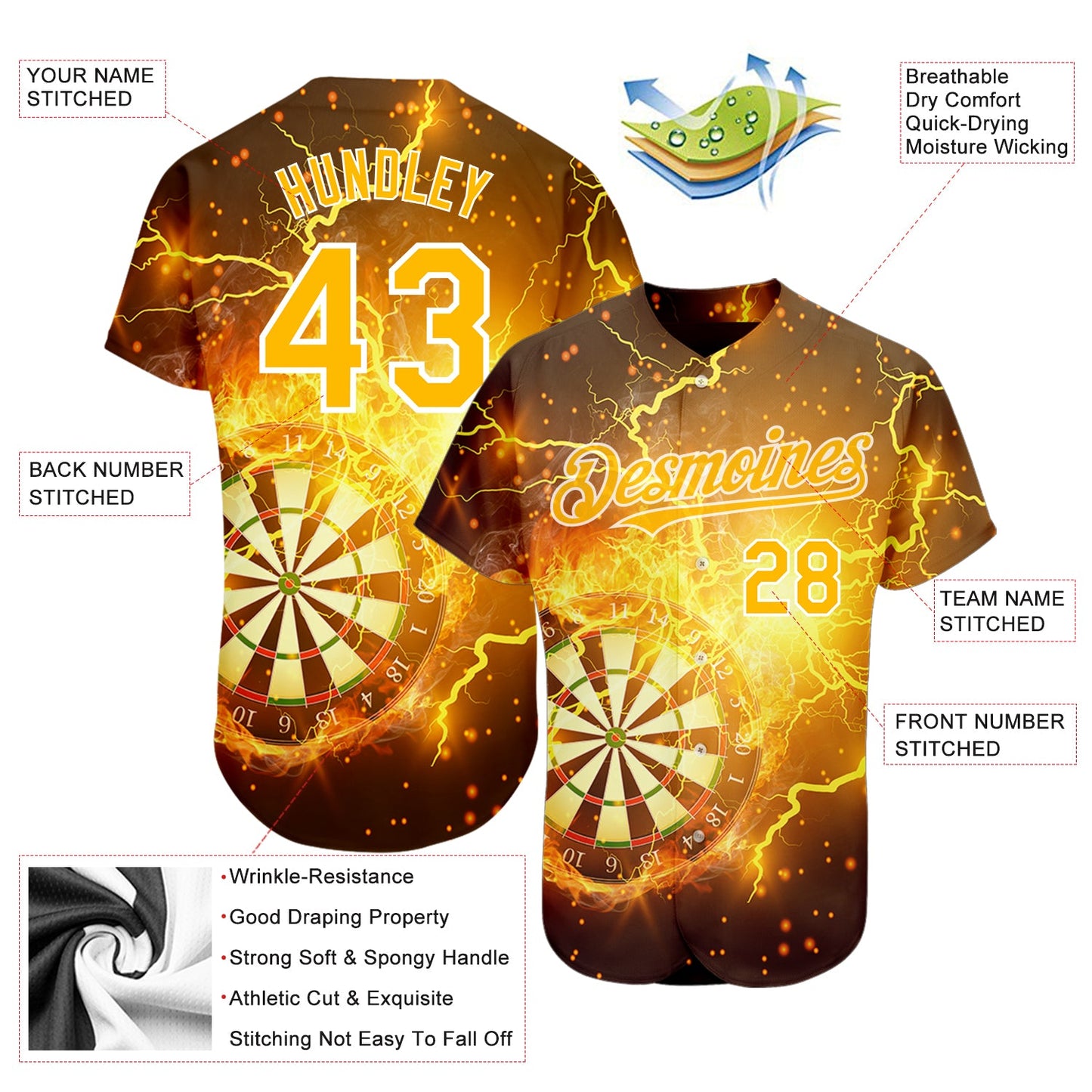 Custom Black Gold-White 3D Pattern Design Lightning Flame Dart Board Authentic Baseball Jersey - Sky-Custom