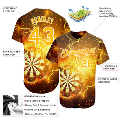 Custom Black Gold-White 3D Pattern Design Lightning Flame Dart Board Authentic Baseball Jersey - Sky-Custom