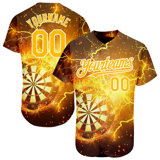 Custom Black Gold-White 3D Pattern Design Lightning Flame Dart Board Authentic Baseball Jersey - Sky-Custom