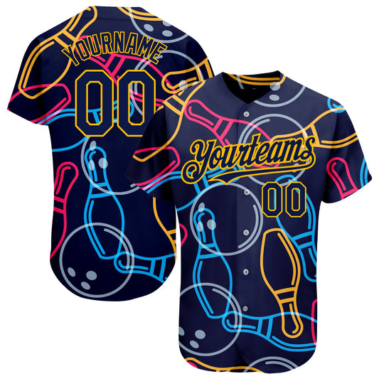 Custom Navy Gold 3D Pattern Design Bowling Authentic Baseball Jersey - Sky-Custom