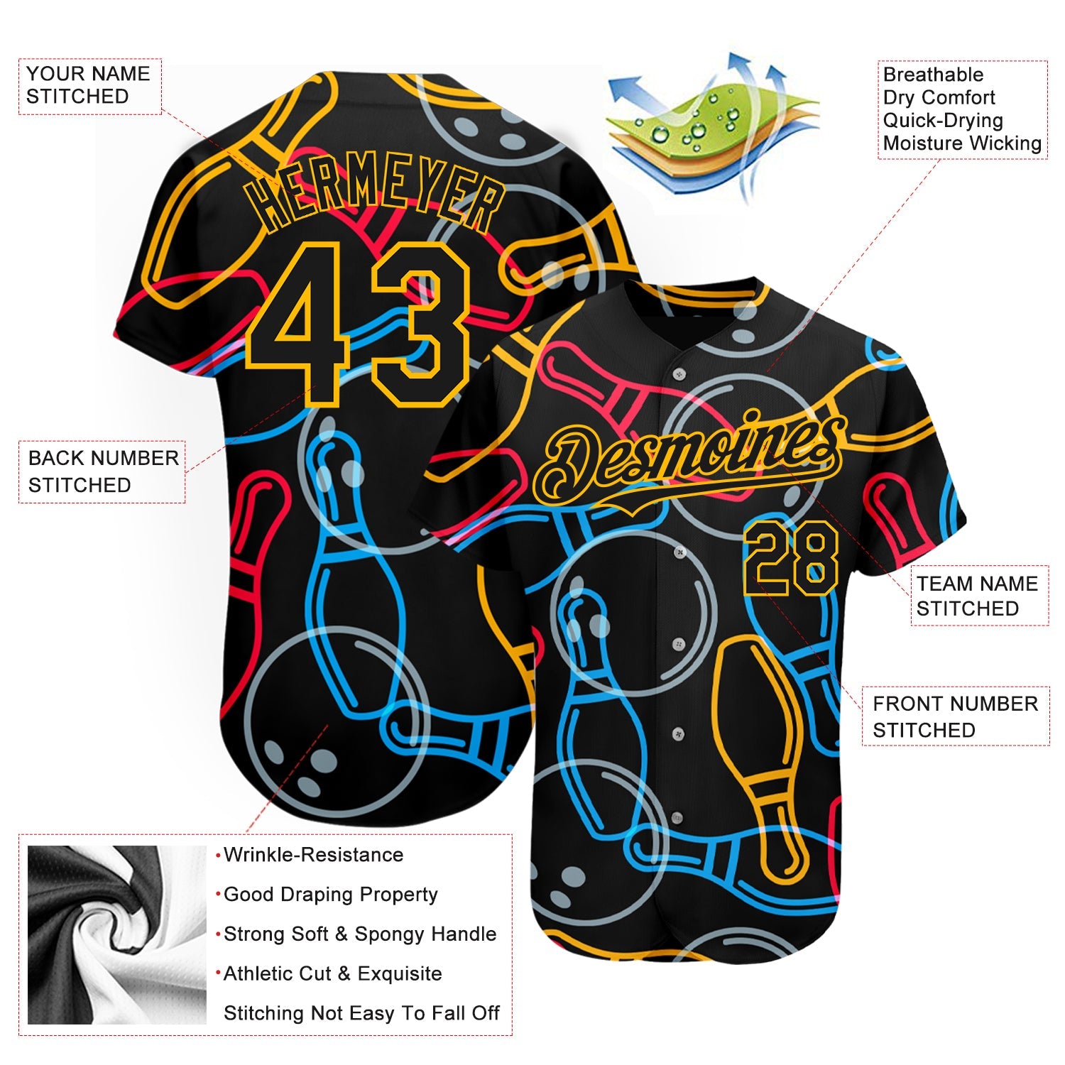 Custom Black Gold 3D Pattern Design Bowling Authentic Baseball Jersey - Sky-Custom