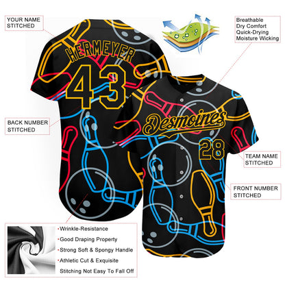 Custom Black Gold 3D Pattern Design Bowling Authentic Baseball Jersey - Sky-Custom
