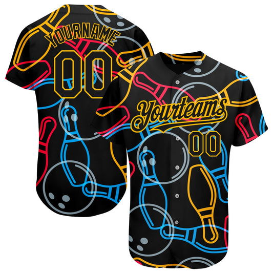 Custom Black Gold 3D Pattern Design Bowling Authentic Baseball Jersey - Sky-Custom