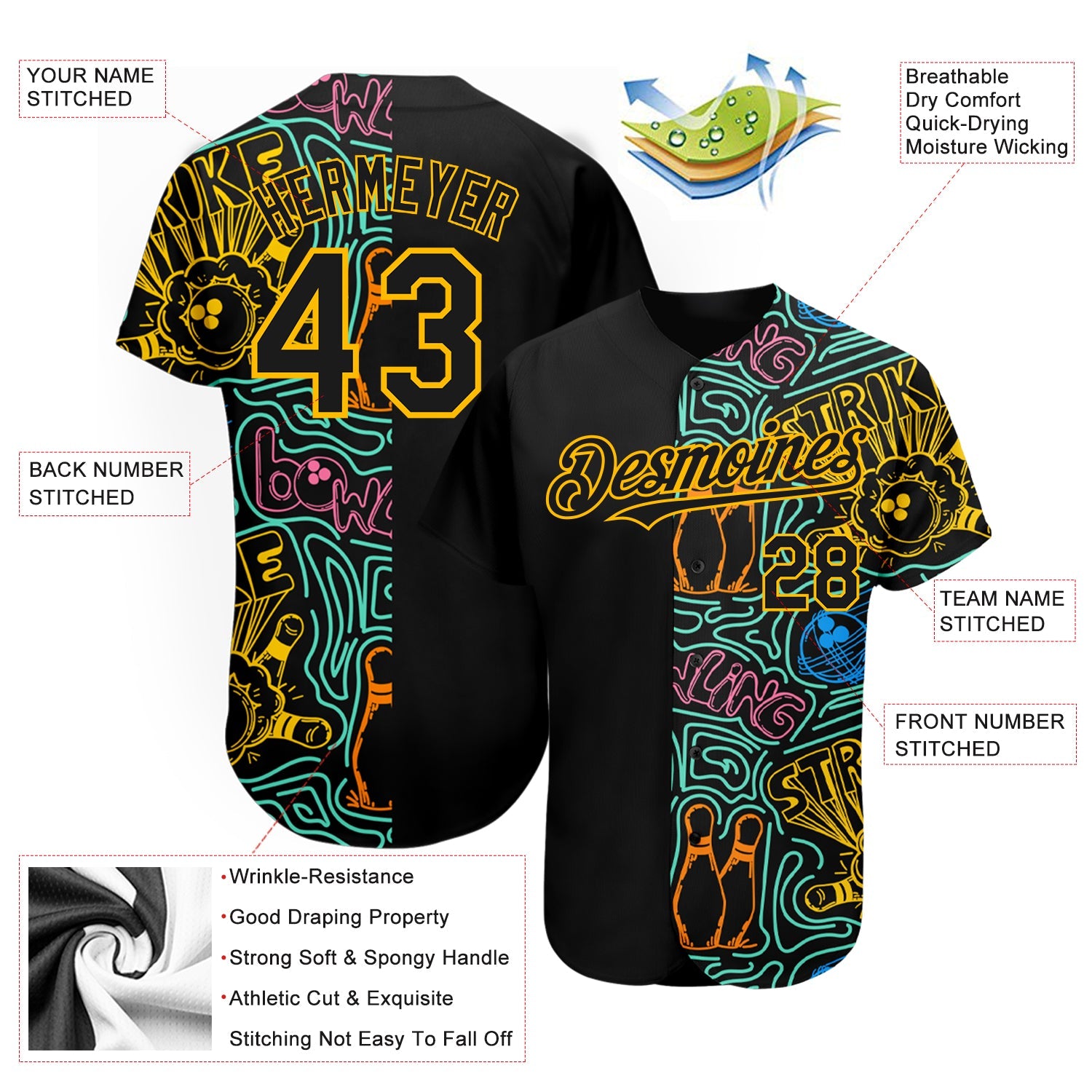 Custom Black Gold 3D Pattern Design Bowling Authentic Baseball Jersey - Sky-Custom
