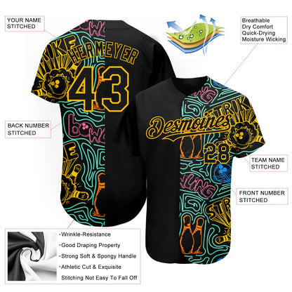 Custom Black Gold 3D Pattern Design Bowling Authentic Baseball Jersey - Sky-Custom