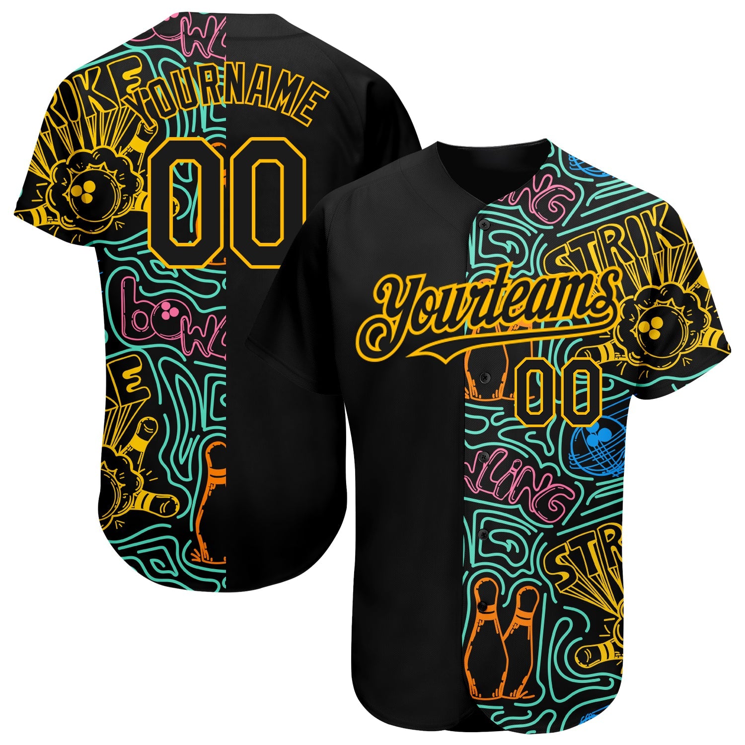 Custom Black Gold 3D Pattern Design Bowling Authentic Baseball Jersey - Sky-Custom
