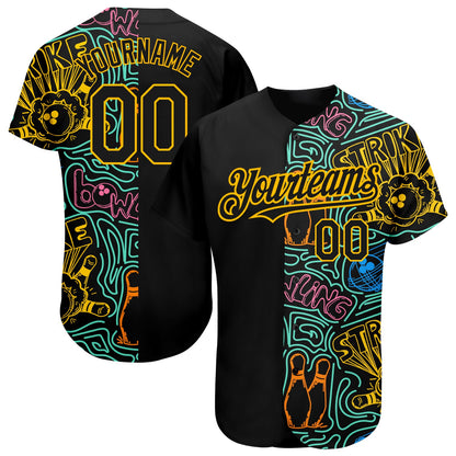 Custom Black Gold 3D Pattern Design Bowling Authentic Baseball Jersey - Sky-Custom