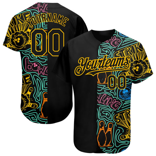 Custom Black Gold 3D Pattern Design Bowling Authentic Baseball Jersey - Sky-Custom
