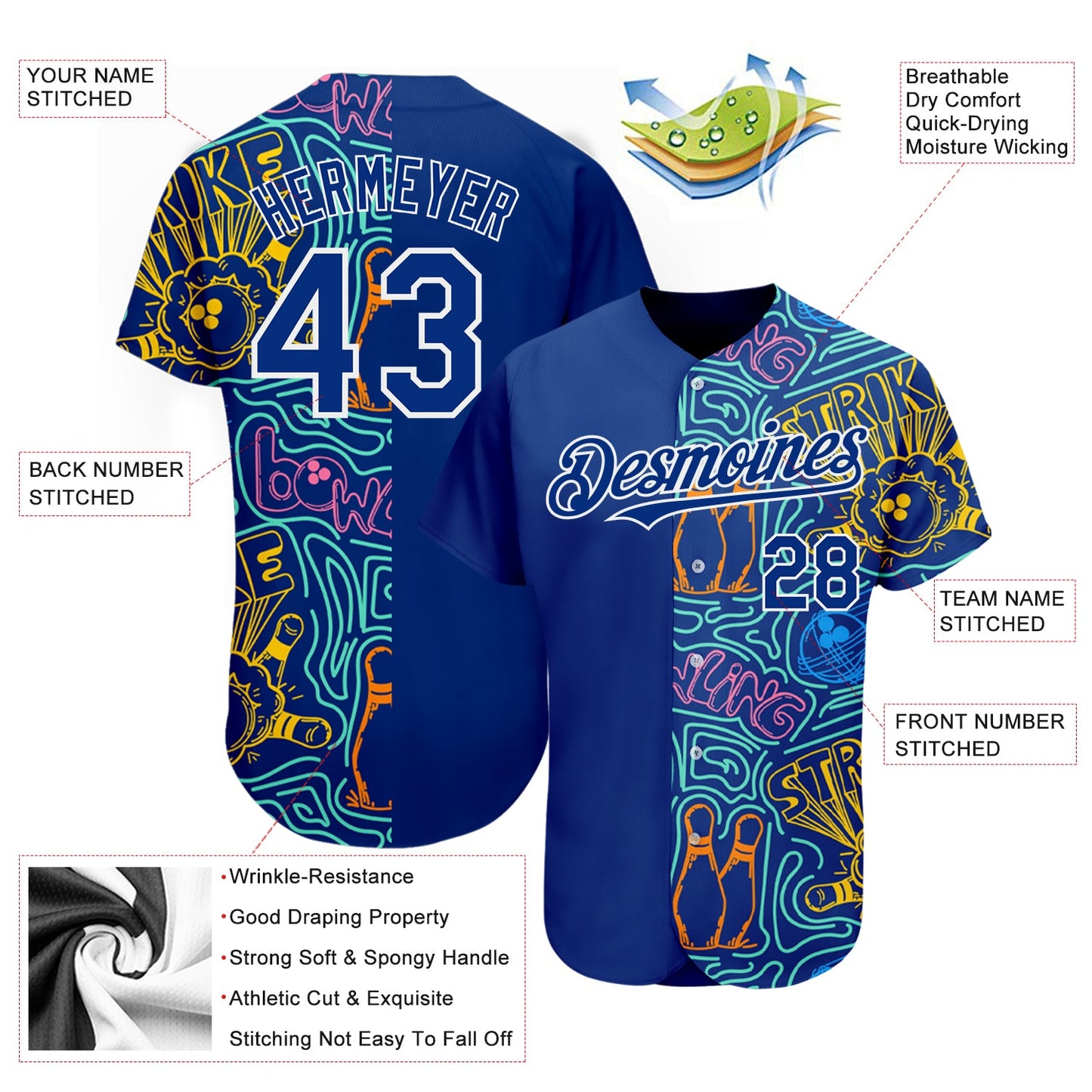 Custom Royal White 3D Pattern Design Bowling Authentic Baseball Jersey - Sky-Custom