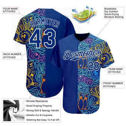 Custom Royal White 3D Pattern Design Bowling Authentic Baseball Jersey - Sky-Custom