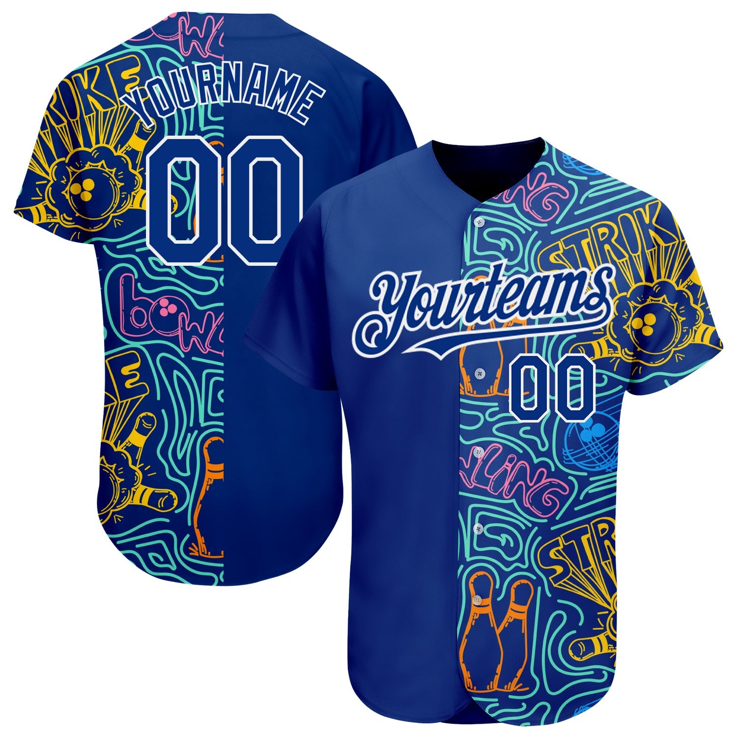 Custom Royal White 3D Pattern Design Bowling Authentic Baseball Jersey - Sky-Custom