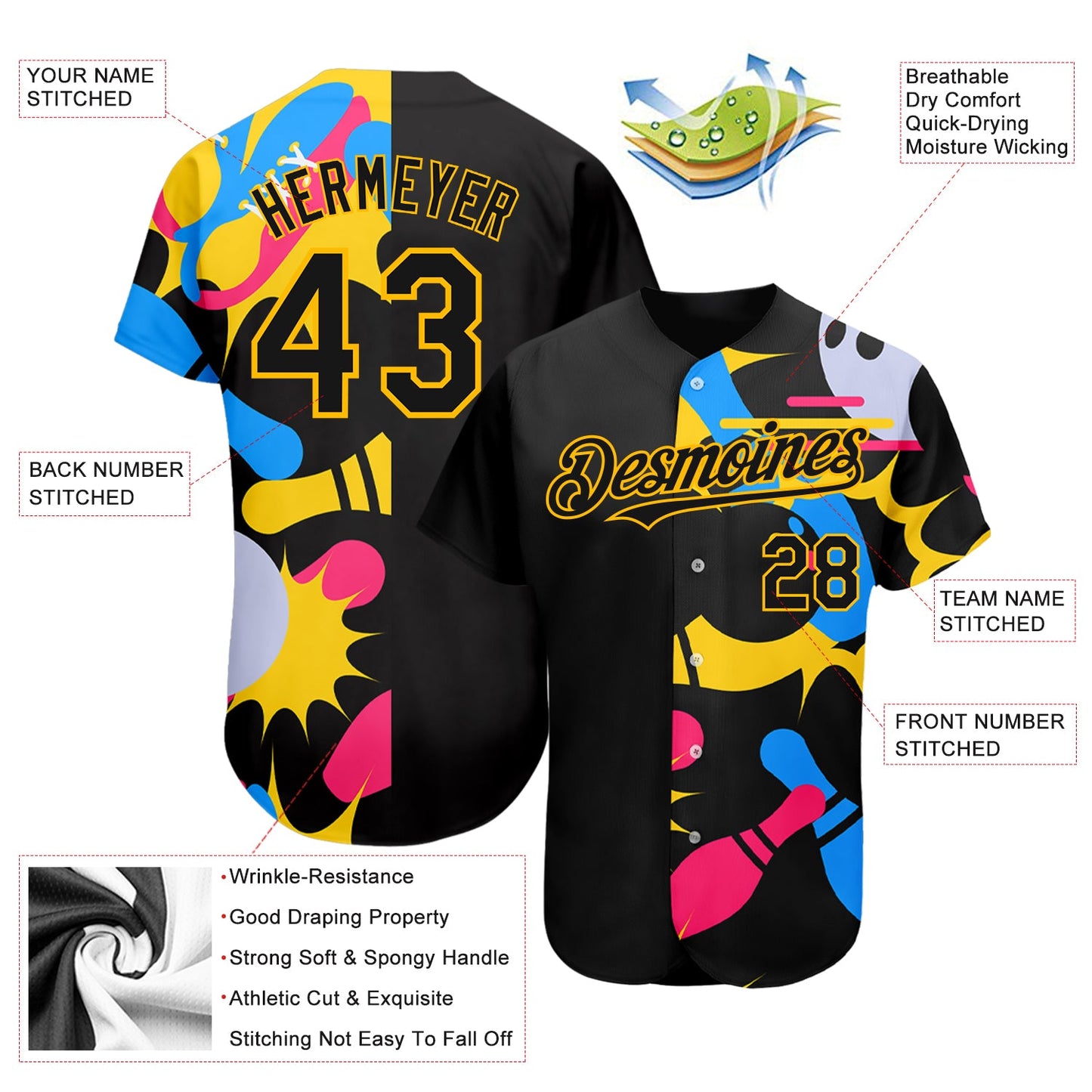 Custom Black Yellow 3D Pattern Design Bowling Authentic Baseball Jersey - Sky-Custom