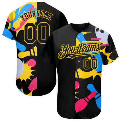 Custom Black Yellow 3D Pattern Design Bowling Authentic Baseball Jersey - Sky-Custom