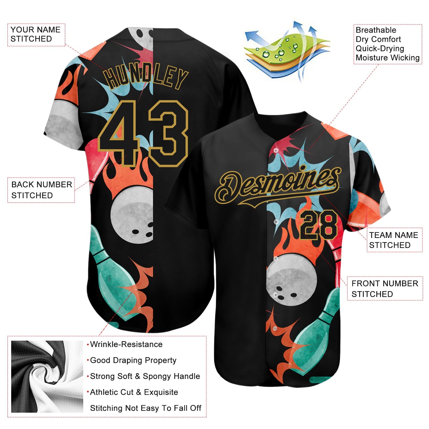 Custom Black Old Gold 3D Pattern Design Bowling Authentic Baseball Jersey - Sky-Custom