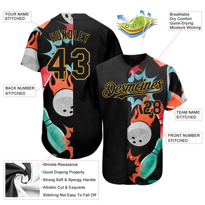Custom Black Old Gold 3D Pattern Design Bowling Authentic Baseball Jersey - Sky-Custom