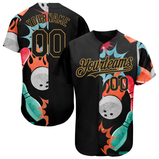 Custom Black Old Gold 3D Pattern Design Bowling Authentic Baseball Jersey - Sky-Custom