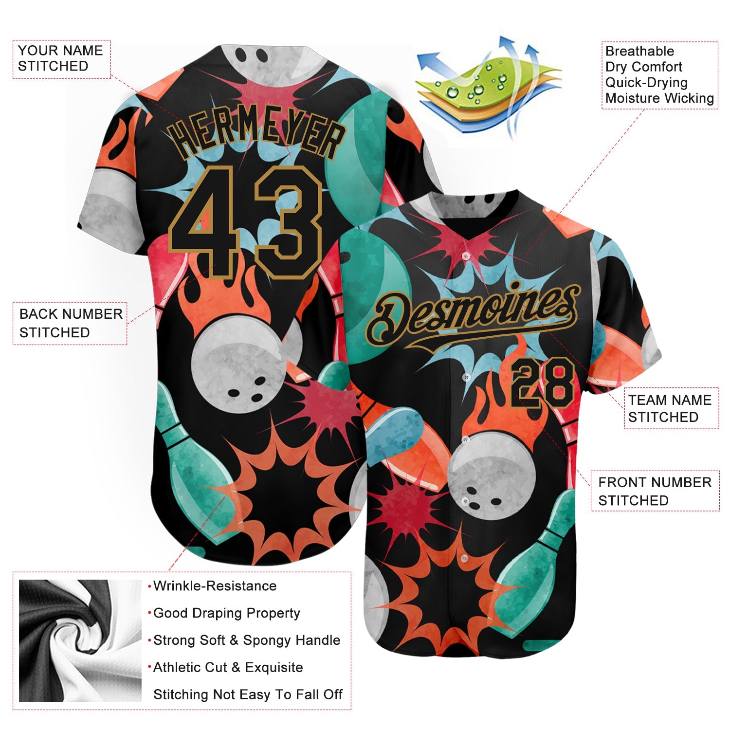 Custom Black Old Gold 3D Pattern Design Bowling Authentic Baseball Jersey - Sky-Custom