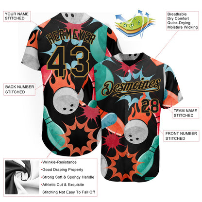 Custom Black Old Gold 3D Pattern Design Bowling Authentic Baseball Jersey - Sky-Custom