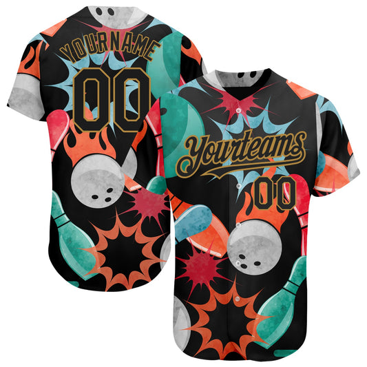 Custom Black Old Gold 3D Pattern Design Bowling Authentic Baseball Jersey - Sky-Custom