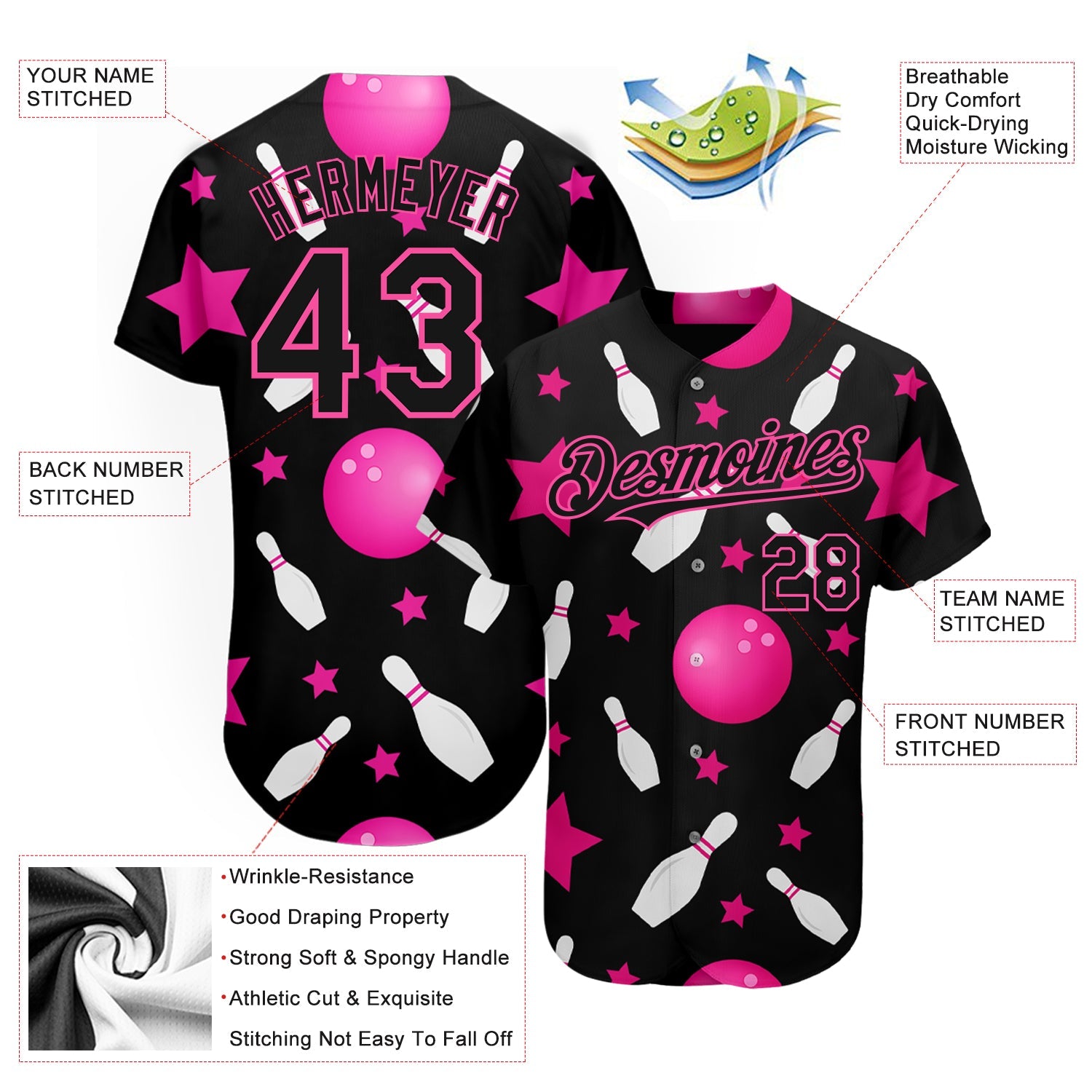 Custom Black Pink 3D Pattern Design Bowling Authentic Baseball Jersey - Sky-Custom