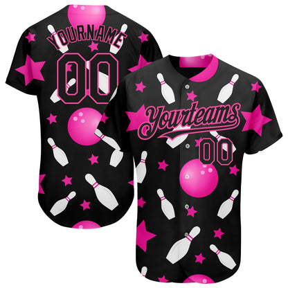 Custom Black Pink 3D Pattern Design Bowling Authentic Baseball Jersey - Sky-Custom
