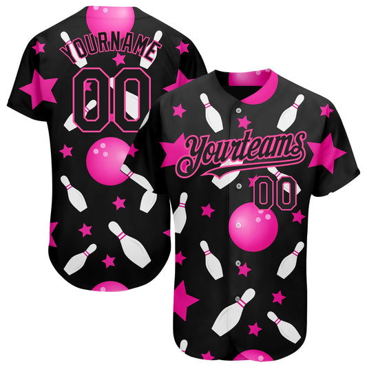 Custom Black Pink 3D Pattern Design Bowling Authentic Baseball Jersey - Sky-Custom