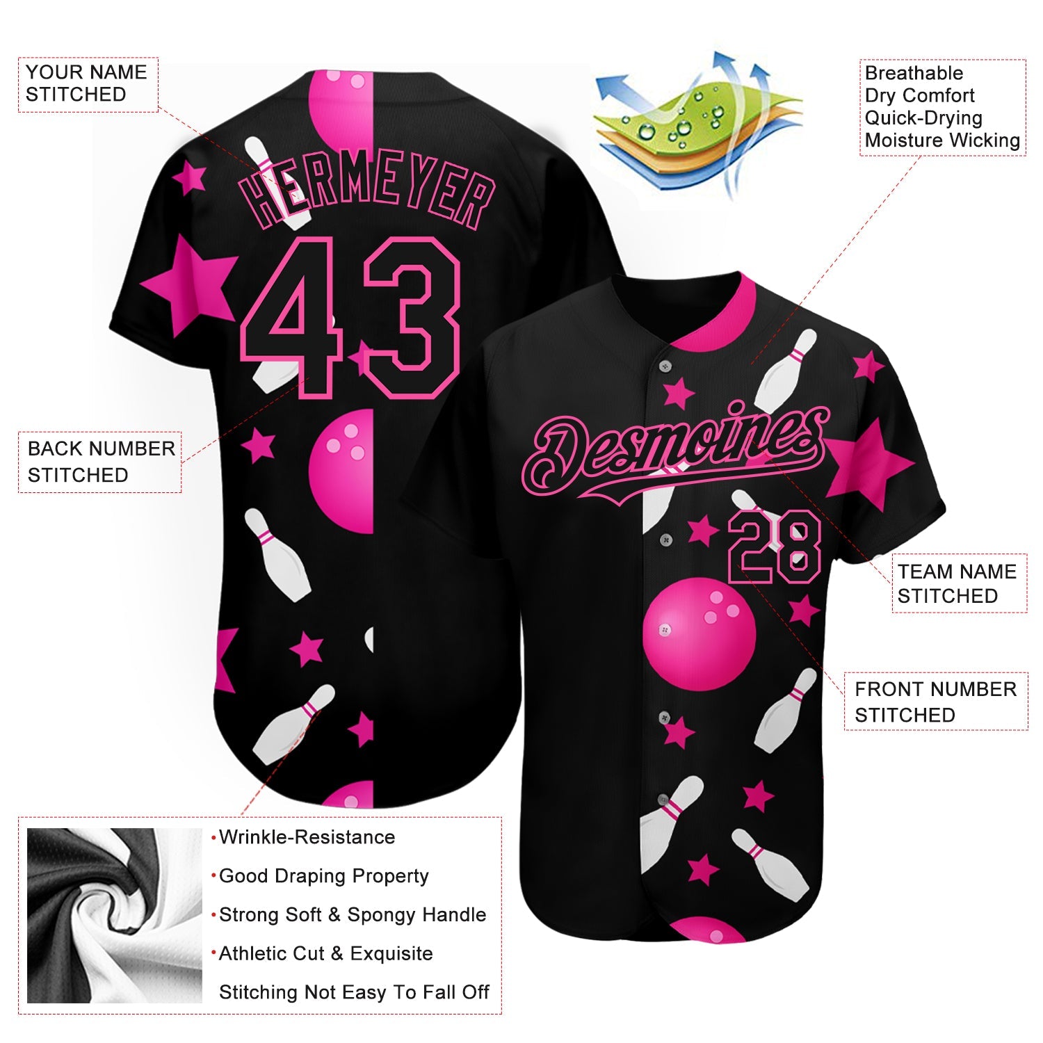 Custom Black Pink 3D Pattern Design Bowling Authentic Baseball Jersey - Sky-Custom