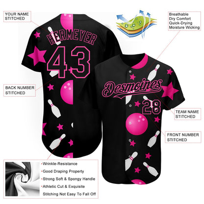 Custom Black Pink 3D Pattern Design Bowling Authentic Baseball Jersey - Sky-Custom