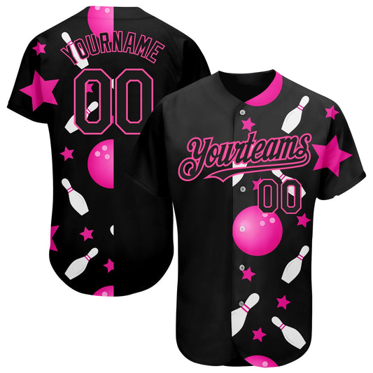 Custom Black Pink 3D Pattern Design Bowling Authentic Baseball Jersey - Sky-Custom