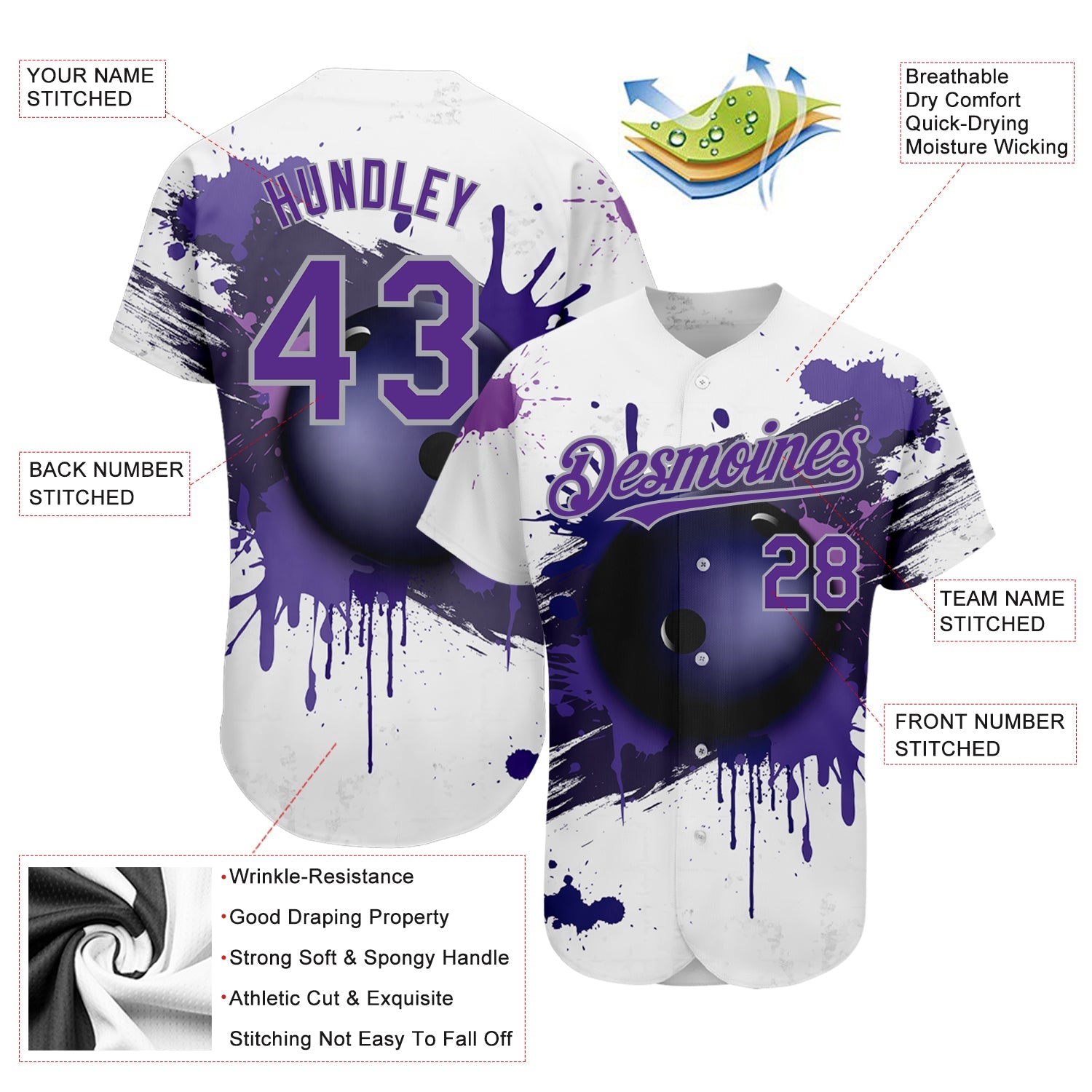 Custom White Purple-Gray 3D Pattern Design Bowling Ball Authentic Baseball Jersey - Sky-Custom