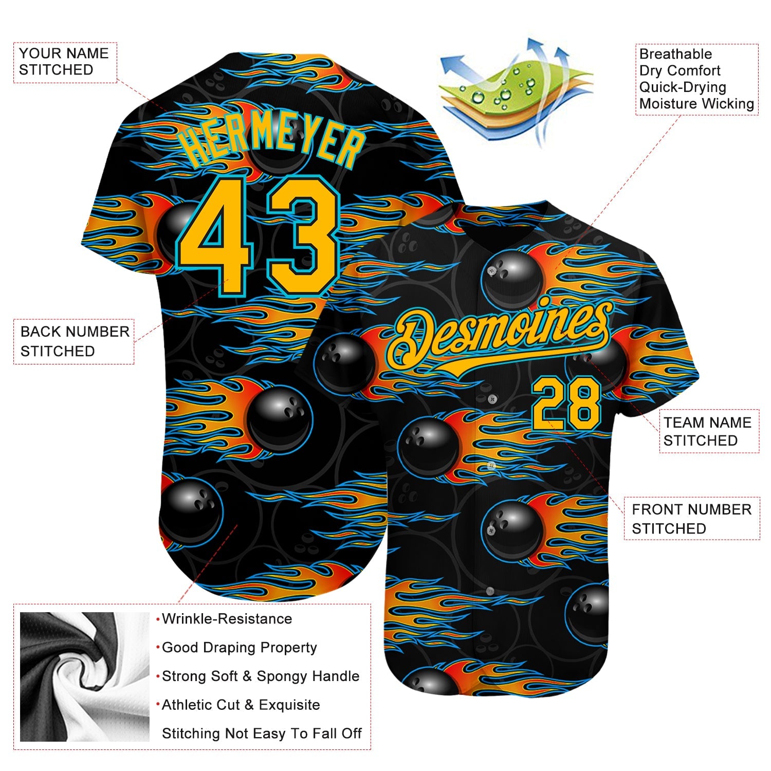 Custom Black Gold-Lakes Blue 3D Pattern Design Bowling Ball With Hotrod Flame Authentic Baseball Jersey - Sky-Custom