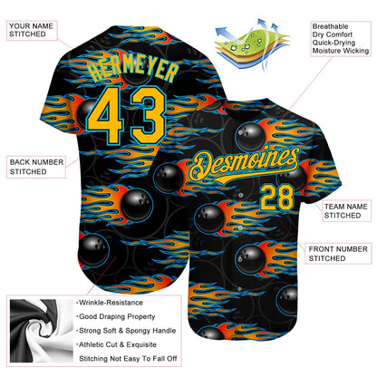 Custom Black Gold-Lakes Blue 3D Pattern Design Bowling Ball With Hotrod Flame Authentic Baseball Jersey - Sky-Custom