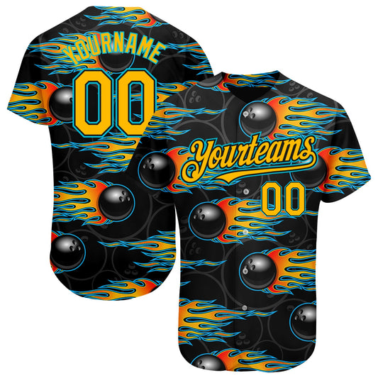 Custom Black Gold-Lakes Blue 3D Pattern Design Bowling Ball With Hotrod Flame Authentic Baseball Jersey - Sky-Custom