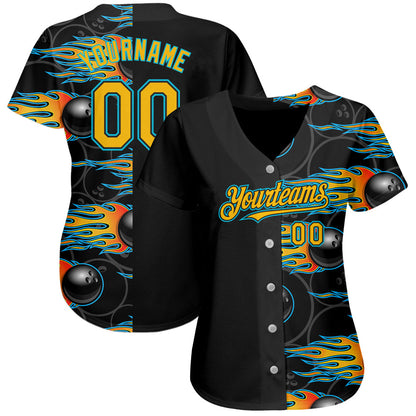 Custom Black Gold-Lakes Blue 3D Pattern Design Bowling Ball With Hotrod Flame Authentic Baseball Jersey Ball - Sky-Custom