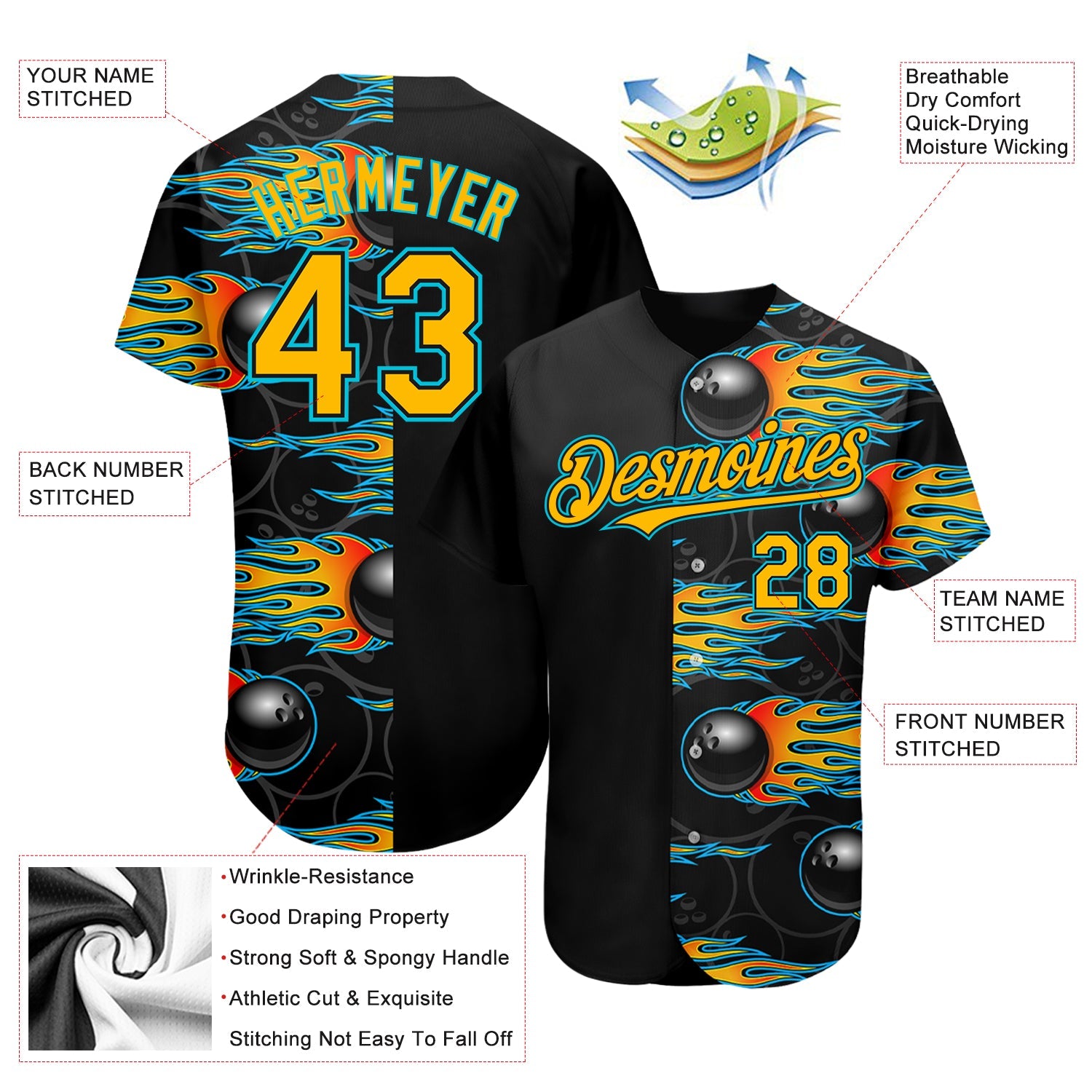 Custom Black Gold-Lakes Blue 3D Pattern Design Bowling Ball With Hotrod Flame Authentic Baseball Jersey Ball - Sky-Custom