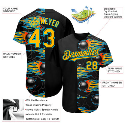 Custom Black Gold-Lakes Blue 3D Pattern Design Bowling Ball With Hotrod Flame Authentic Baseball Jersey Ball - Sky-Custom