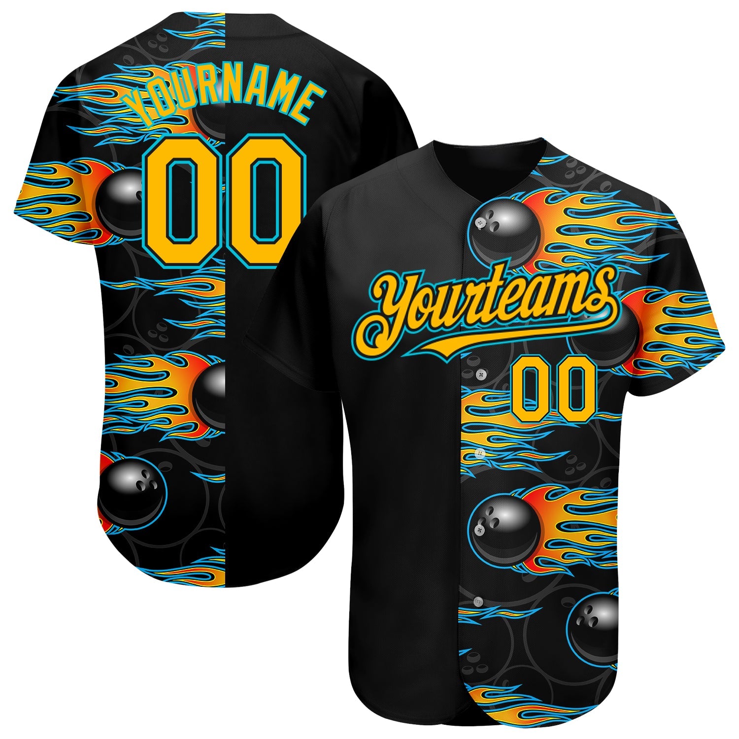 Custom Black Gold-Lakes Blue 3D Pattern Design Bowling Ball With Hotrod Flame Authentic Baseball Jersey Ball - Sky-Custom