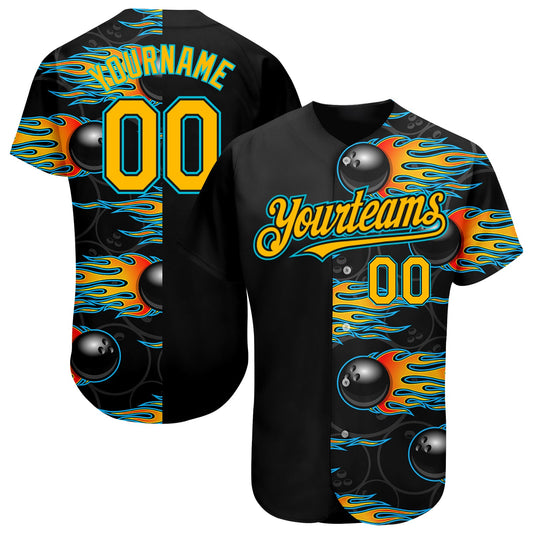 Custom Black Gold-Lakes Blue 3D Pattern Design Bowling Ball With Hotrod Flame Authentic Baseball Jersey Ball - Sky-Custom