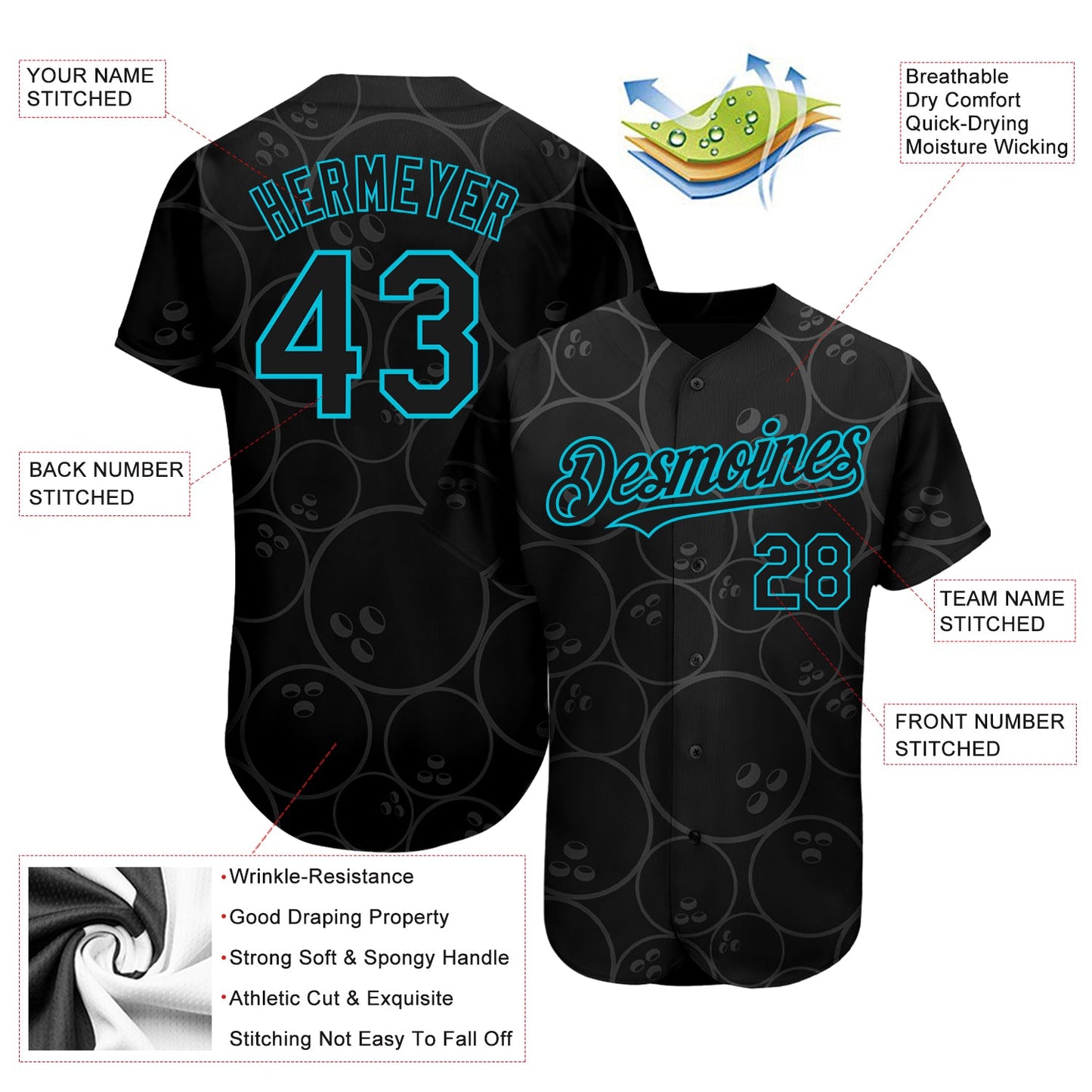 Custom Black Lakes Blue 3D Pattern Design Bowling Ball Authentic Baseball Jersey - Sky-Custom