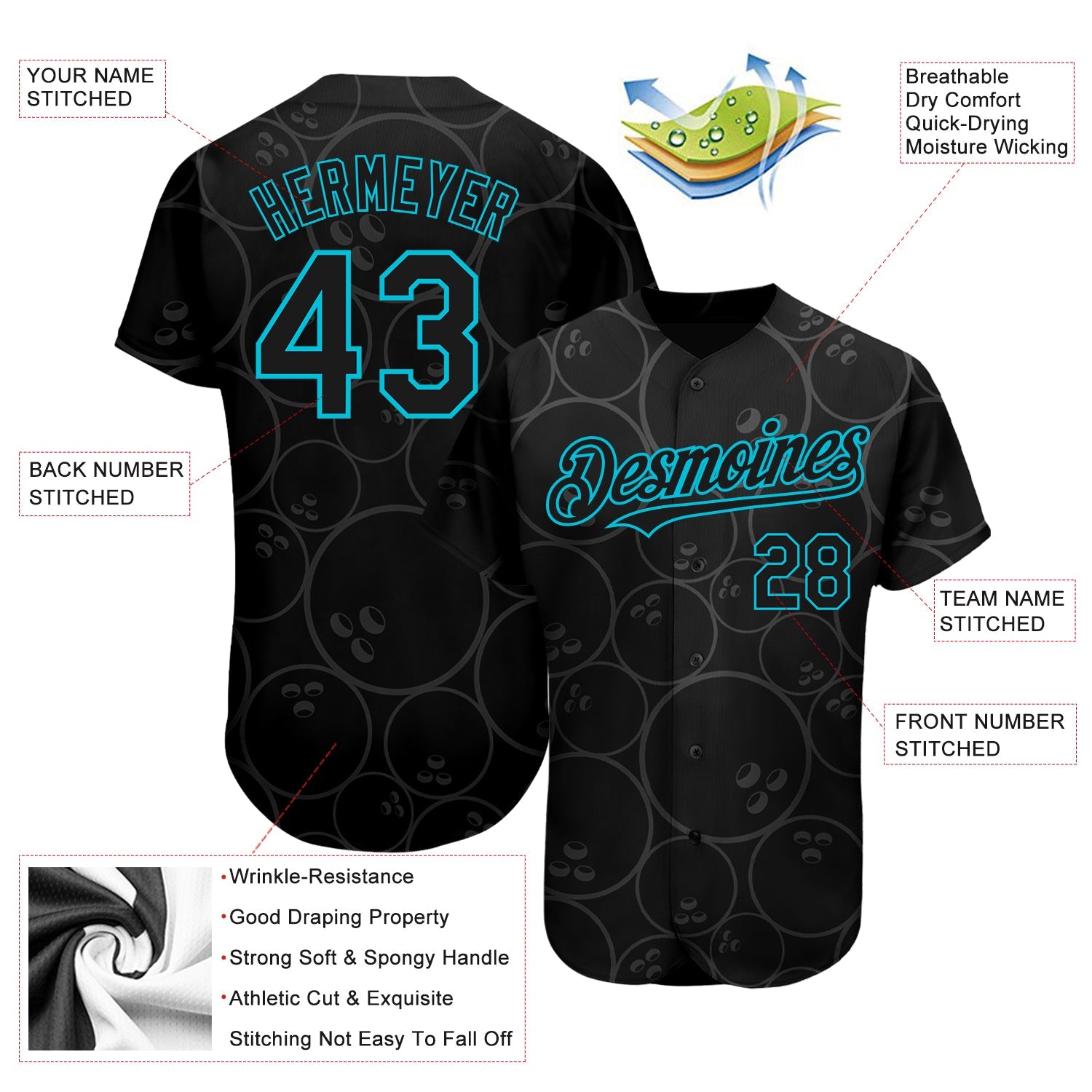 Custom Black Lakes Blue 3D Pattern Design Bowling Ball Authentic Baseball Jersey - Sky-Custom