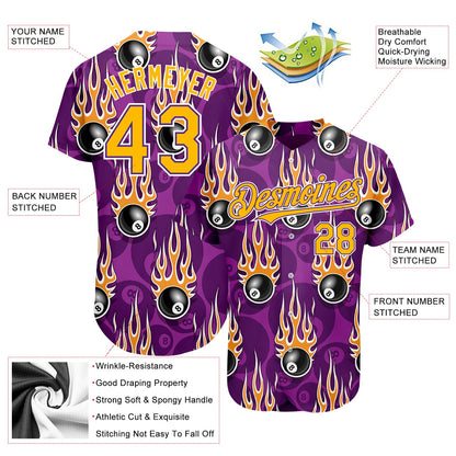 Custom Purple Gold-White 3D Pattern Design Billiards Snooker 8 Ball With Hotrod Flame Authentic Baseball Jersey - Sky-Custom