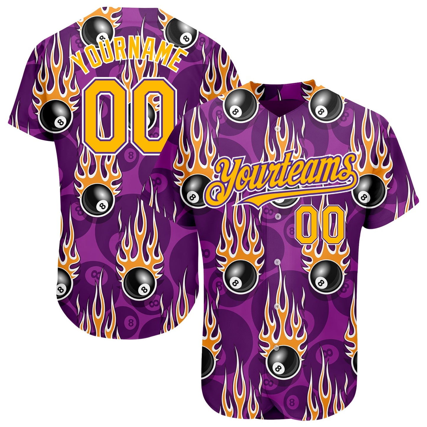 Custom Purple Gold-White 3D Pattern Design Billiards Snooker 8 Ball With Hotrod Flame Authentic Baseball Jersey - Sky-Custom