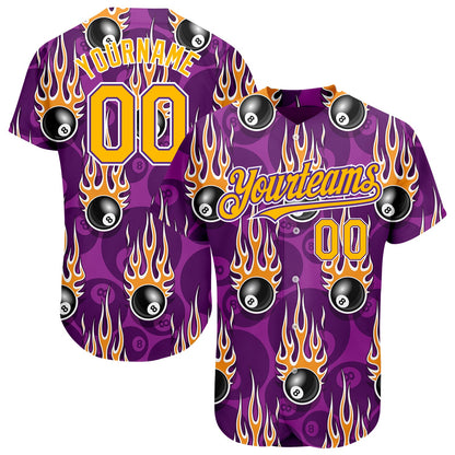 Custom Purple Gold-White 3D Pattern Design Billiards Snooker 8 Ball With Hotrod Flame Authentic Baseball Jersey - Sky-Custom