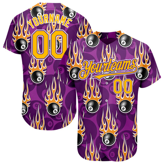 Custom Purple Gold-White 3D Pattern Design Billiards Snooker 8 Ball With Hotrod Flame Authentic Baseball Jersey - Sky-Custom