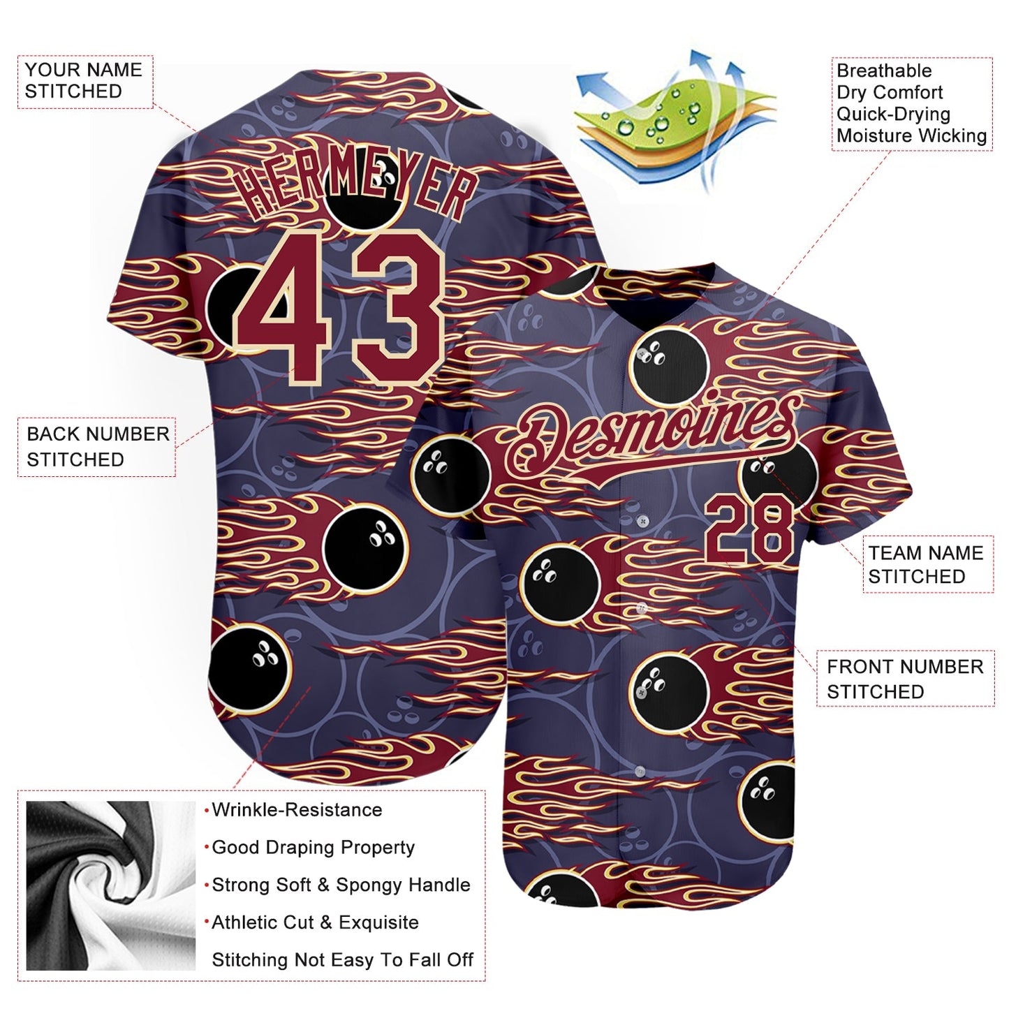 Custom Purple Crimson-City Cream 3D Pattern Design Bowling Ball With Hotrod Flame Authentic Baseball Jersey - Sky-Custom