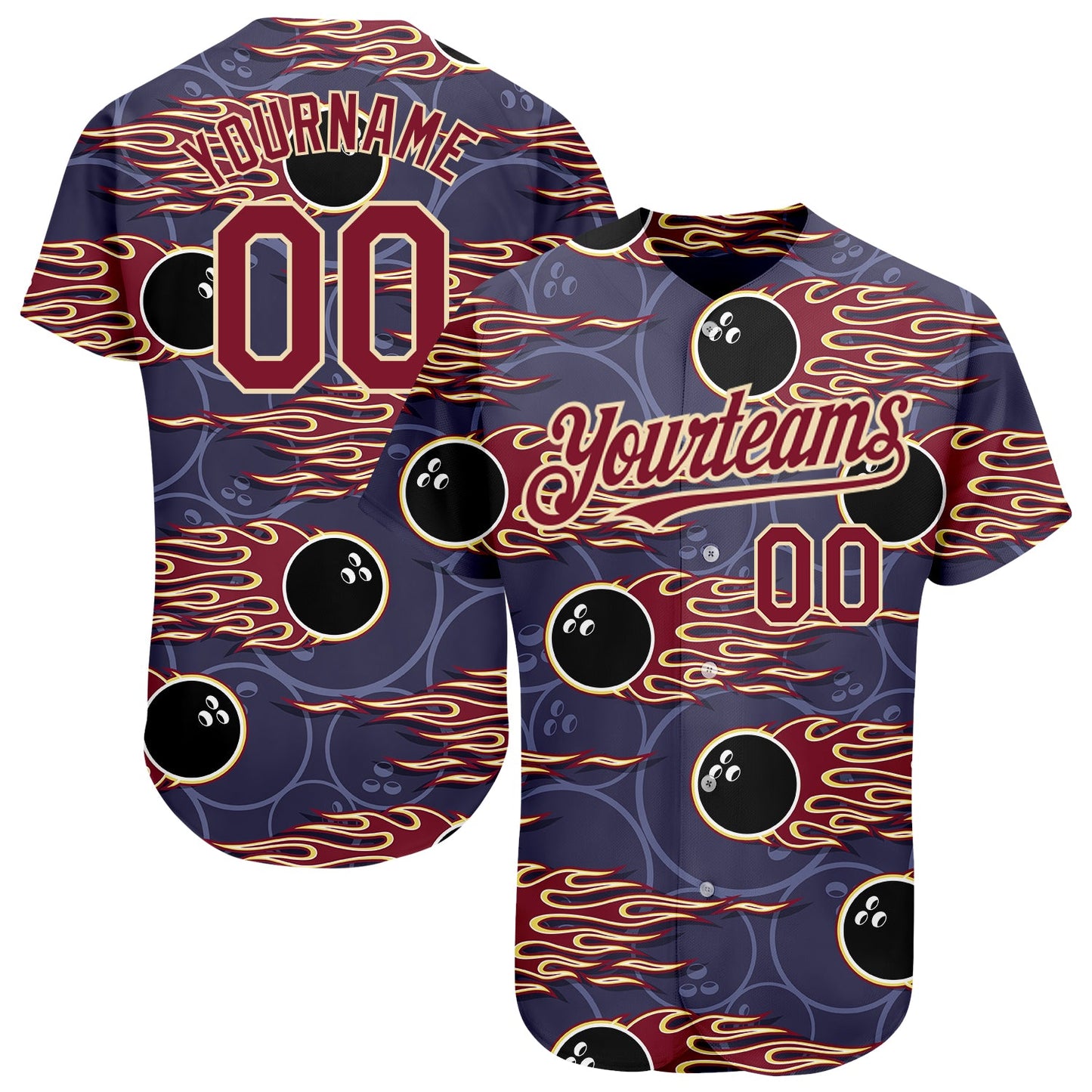 Custom Purple Crimson-City Cream 3D Pattern Design Bowling Ball With Hotrod Flame Authentic Baseball Jersey - Sky-Custom
