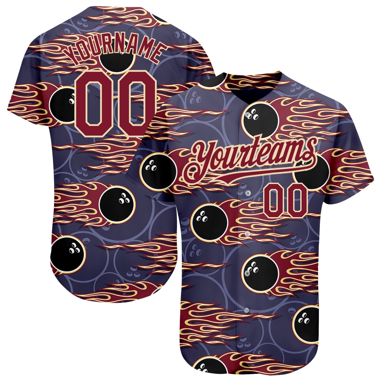 Custom Purple Crimson-City Cream 3D Pattern Design Bowling Ball With Hotrod Flame Authentic Baseball Jersey - Sky-Custom
